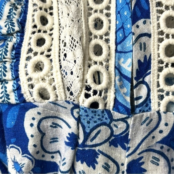 FARM RIO Linen Floral Paisley Puff Sleeve Ruffle Lace V-Neck Tie Belt Jumpsuit S - Picture 16 of 16